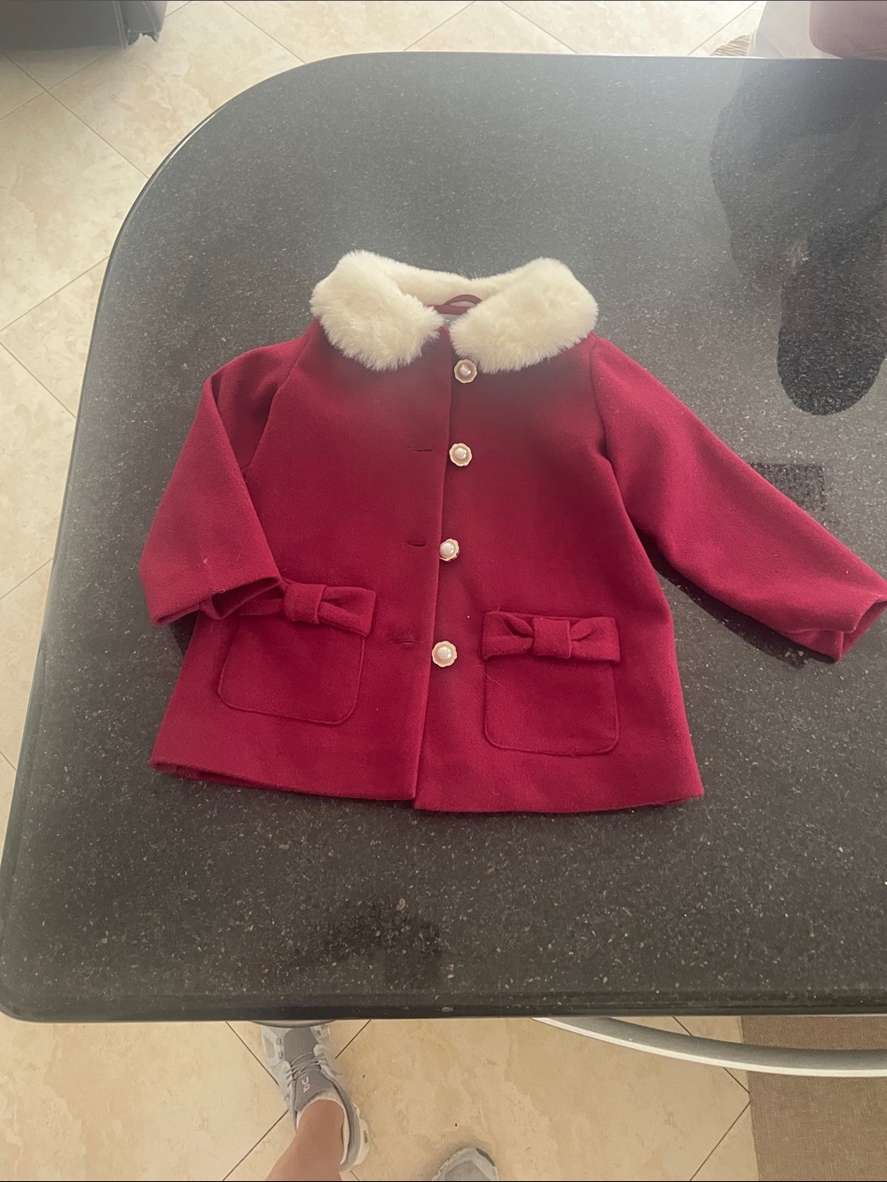 Tahari Girls Burgundy Coat with Cream Faux Fur Collar